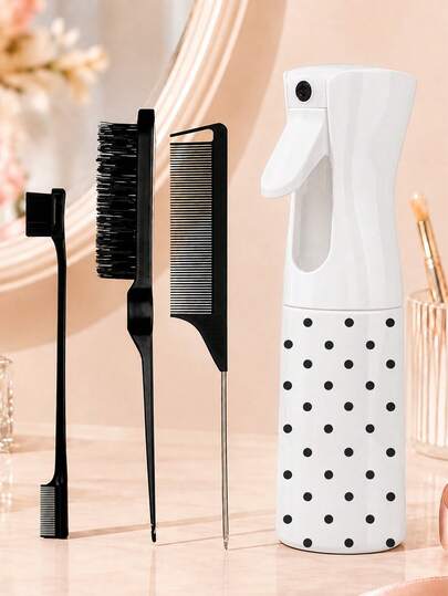 4-Piece Polka Dot Pattern Hair Styling Tool Set, Includes 1 Spray Bottle, 1 Pointed Tail Comb, 1 Eyebrow Brush And 1 Fluffy Styling Comb. Unisex, Dry And Wet Use, Suitable For Curly Hair Care And Makeup Scenarios. Perfect As A Mother's Day Gift Or Back To School Gift. This Set Is Suitable For Adult Daily Styling And Also Suitable For Hair Salons And Barber Shops.
