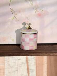 Gentle Creamy INS Style + Pink Yellow White Hand-Painted Checkerboard / Pure Pink Macaron Color Scheme + Round Teapot & Straight Storage Jar Set + Solid Wood Handle + Crystal Top Bead + Gold Rim + Even Heat Distribution, Airtight Moisture-Proof Easy To Clean + Enamel Coffee Pot Storage Jar Set + Home Coffee Brewing, Afternoon Tea Gathering, Kitchen Storage, Holiday Housewarming Gift - Multicolor - View 18