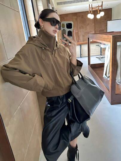 Women's Motorcycle Jacket With Pockets, Ribbed Waist And Hem, Fashionable Stand Collar, Zipper Hooded Short Military Style Jacket