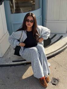 MORI Fall Winter Women Knitwear Y2K Minimalist Grey Fuzzy Zip Up Sweaters Cropped Jackets Drawstring Wide Leg Pants Lounge Sets Clothes - Light Grey - View 3