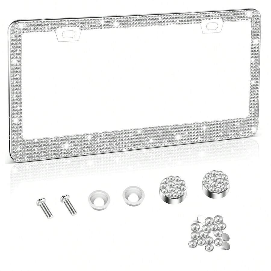 Pearl Gloss Plastic License Plate Frame, Black & White Color, Christmas Gift For Cute Girls - Rhinestone License Plate Frame - View 1