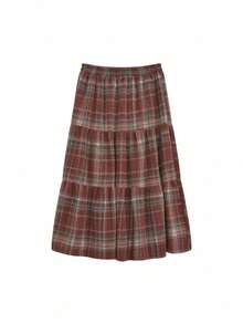 Women's Autumn/Winter Red Plaid Wool Flattering High Waist Versatile Cake Midi Umbrella Skirt - Burgundy - View 3