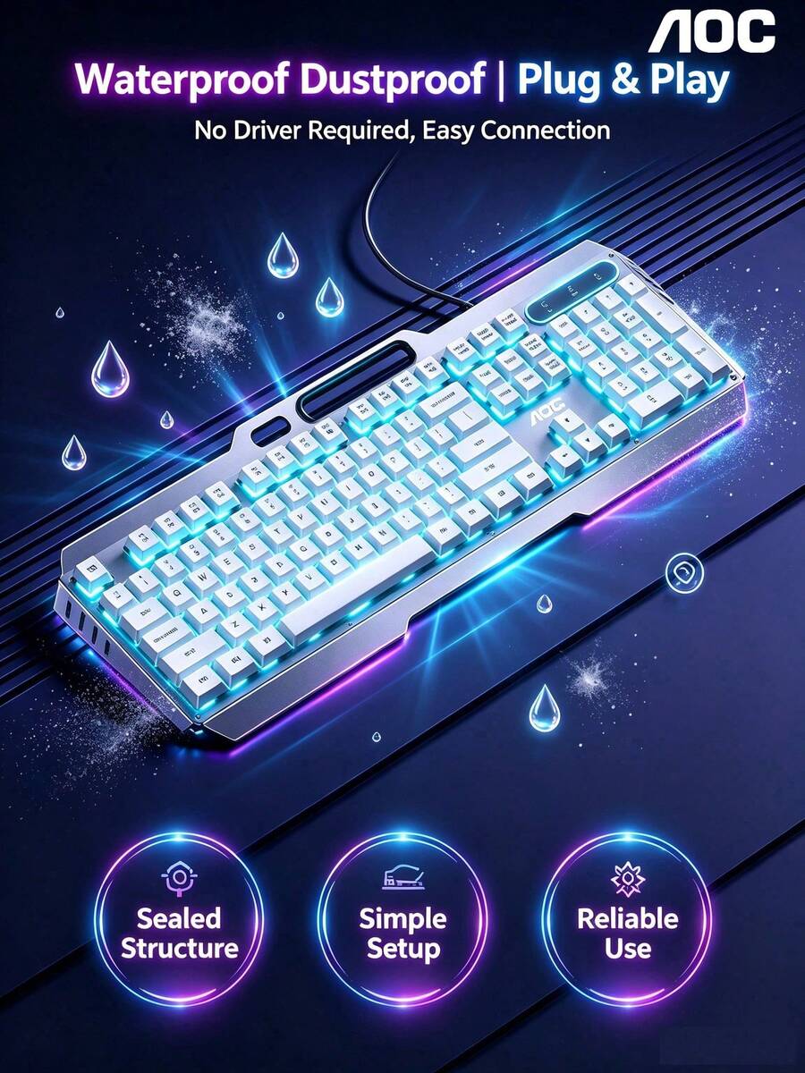 AOC Wired Gaming Keyboard Metal Panel Mechanical Feel Backlit Keyboard 26-Key Anti-Ghosting Waterproof Dustproof Full-Size Keyboard For Desktop Laptop Gaming Office Peripheral - View 1