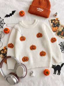 Boys Cute Solid Color Pumpkin Head Embroidered Knit Pullover Sweater, Suitable For Halloween, Daily Wear, Vacation, Spring, Autumn, Winter - Apricot - View 2