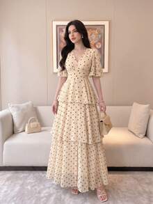 Women's New Elegant Short Sleeve Fashion Polka Dot Multi-Layer Patchwork Design Slimming Luxury Dress Summer - Apricot - View 5