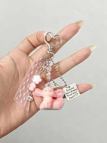 Gentle Fox Alloy Pendant Keychain, Vintage Key Charm With Lace Ribbon, Exquisite Bag Accessory, Best Friend Gift, Niche INS Style Pink Keychain, Girl's Backpack Charm, Portable Accessory - Pink - View 10