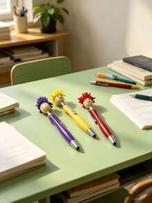 1/4/5pcs Creative Multicolor Cute Smiling Face Plush Head Ballpoint Pens, Personalized Back To School Gift Pens - Multicolor - View 6