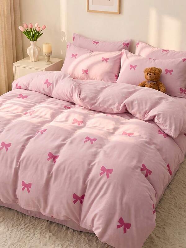 2/3pcs Bowknot Pattern Duvet Cover Set, Duvet Cover & Bedding Set, Bedding Set, Comfortable & Breathable, Lightweight, Anti-Pilling/Machine Washable, Room Decor, Bedroom Decor, Dorm Bedding, All Season & Summer, Suitable For Single/Double/Queen/King Size Bed, Back To School, Pink