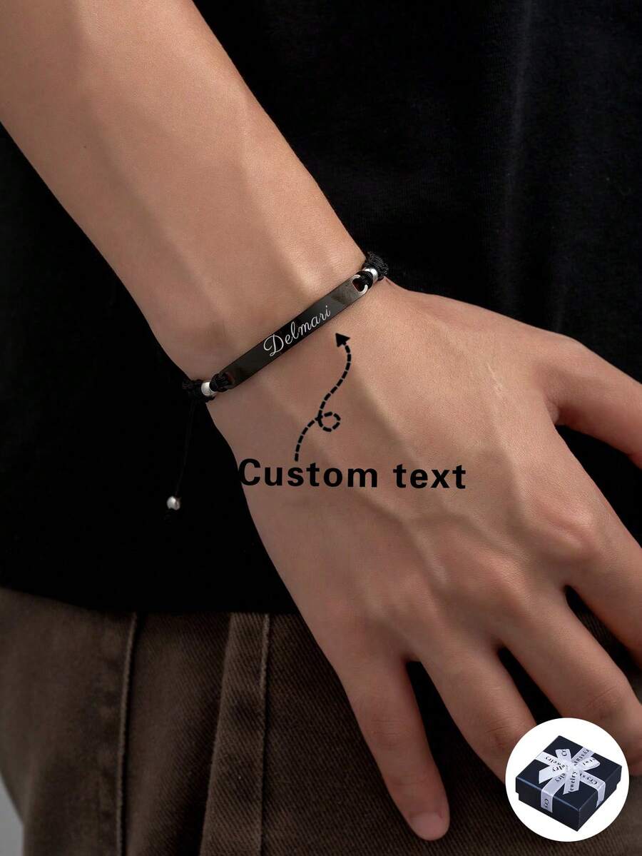 Gelang liontin nama melengkung berbahan stainless steel yang sederhana dan bergaya untuk pria, cocok untuk ulang tahun, hadiah, dan pemakaian sehari-hari. - Hitam - View 1