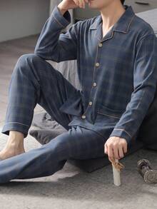 CJGD Men's Plaid Lapel Long Sleeve Pajama Set With Long Pants, Casual Fashionable Loungewear For Home And Outdoor Wear - Navy Blue - View 3