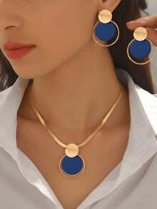 2pcs/Set Autumn/Winter Creative Personalized Necklace & Earring Jewelry Set For Women, Fashion Metal Style, Geometric Brushed Round Disc Hollow Circle Layered Pendant Necklace, Brown & Gold Contrast Color Design, Minimalist Elegant Style, Suitable For Spring, Daily, Party, Gathering, Middle Eastern Style, Wedding Season, Holiday Gift For Best Friend/Girlfriend - Royal Blue - View 2