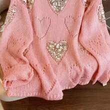 French Style Heart Hollow Sequin Pullover Long Sleeve Knit Sweater Women Loose Fit Premium Feel Top - Watermelon Pink - View 6