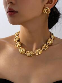 1 Set Fashion Minimalist Unique Elegant Versatile Premium Metal Style Women's Necklace & Earrings Jewelry Set, Suitable For Office And Other Occasions - Yellow Gold - View 8