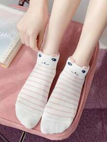 5 Pairs Pink Cartoon Cat Casual Versatile Short Socks - Multicolor - View 3