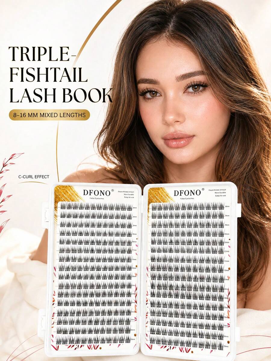 DIY False Eyelash Clusters Book, C Curl, 8-16mm Mixed Length, Triple Fish Tail Style, Thin Fluffy Dense Segmented Lashes For Daily, Date, Party, Photo Shoot And Event Makeup - View 1