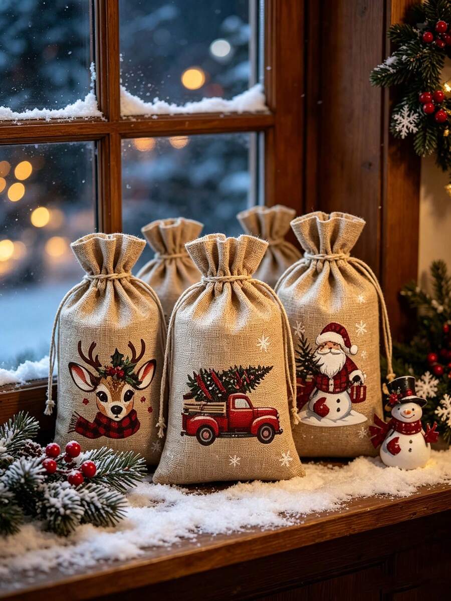 12pcs Christmas Linen Gift Bags, 14.99 X 9.91 Cm Reusable Drawstring Gift Bags, 12/5/1pc 5 Christmas Theme Designs Randomly Shipped, Perfect For Christmas Party Gifts, Birthday Gifts And Christmas Tree Decorations - Multicolor - View 1