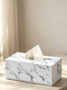 White Marble Pattern Tissue Box Holder, PU Leather With White Stitching, Bathroom Storage, Bathroom Decor, Autumn Decor, Back To School, New Home, Living Room, Kitchen, Napkin Holder - White Marble - View 5
