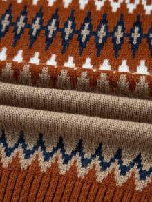 Acelitt Autumn/Winter Vintage Fair Isle Geometric Jacquard Round Neck Raglan Sleeve Loose Long Sleeve Knit Sweater, Suitable For Daily, Holiday, Outdoor Wear - Khaki - View 9