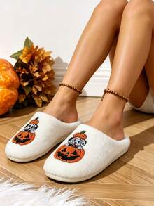 Halloween Pumpkin Dog Embroidered Plush Couple Slippers, Women's Men's EVA Non-Slip Thick Sole Indoor Outdoor Warm Home Slippers - White - View 5