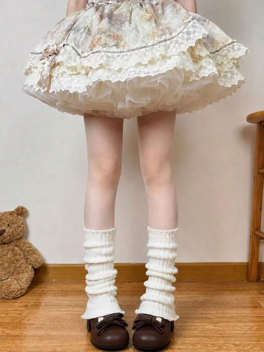 Women's White Lolita Style Bow Lace Ruffle Cable Knit Leg Warmers, Random Style - White - View 1
