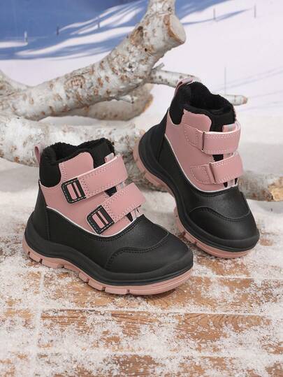 Girls' Winter Thermal-Lined Snow Boots, Anti-Slip Thick Sole, Hook And Loop Closure, Warm Outdoor Shoes For Little And Middle Kids