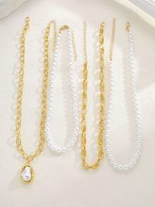4pcs Simple Fashion Multi-Layer Faux Pearl Necklace Set For Women, Sisters, Holiday, Vacation, Party, Date, Gift, Daily Commute, And Personalized - Yellow Gold - View 5