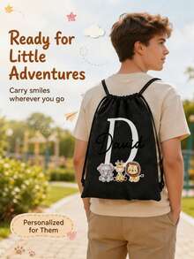 Customized Wildlife Zoo Animal Name Drawstring Bag - Personalized Zoo Text Backpack, Suitable For Picnic, Unique Gift Bag, Can Be Used As Birthday Party, Baby Shower Gift And Customized Birthday Gift - Multicolor - View 5