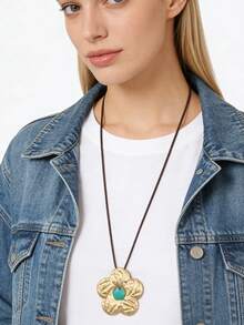 1pc Western Cowboy Style 3D Flower Turquoise Pendant Necklace, Braided Wax Rope Long Necklace Accessory, Christmas Halloween Holiday Gift Neck Jewelry, Gift For Girlfriend Mother Best Friend - Wax Rope - View 3