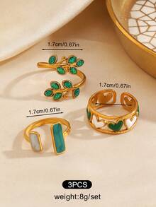 3pcs/Set Stainless Steel 18K Gold Plated Minimalist Green Oil-Drip Leaf & Heart Ring Set, Suitable For Women's Daily And Holiday Wear - Multicolor - View 3