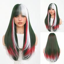 7JHH WIGS Hallowmas Green Pink & White Highlights Extra Long Straight Wigs For Women 26 Inch With Bangs, Synthetic Heat-Resistant Fiber Colorful Costume Wig For Cosplay Wear,Party Carnival Festivals Use - Multicolor - View 13