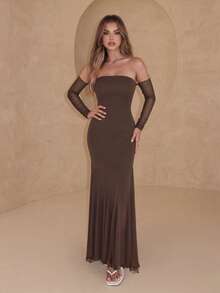 PARTHEA Elegant Brown Strapless Mermaid Maxi Dress, Built‑In Mesh Long Sleeves Bodycon Formal Party Evening Gown - Brown - View 6