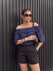 1pc Women's New Solid Color Chiffon Puff Sleeve Off-Shoulder Blouse With Ruffle Trim, Suitable For Vacation, Beach, Evening Date, Daily Wear, Spring/Summer - Blue - View 4