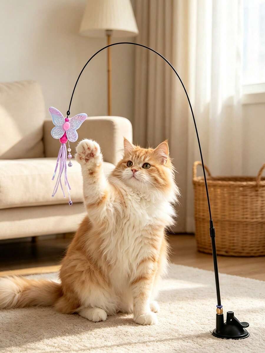 3 Pieces Set (Strong Suction Cup + String Cat Teaser Wand + Realistic Butterfly Pendant) Fun Cat Teaser Toy, Home Cat Toy, Suction Cup Cat Teaser Accessory, A Great Way For Cats To Self-Entertain And Burn Energy - Multicolor - View 1