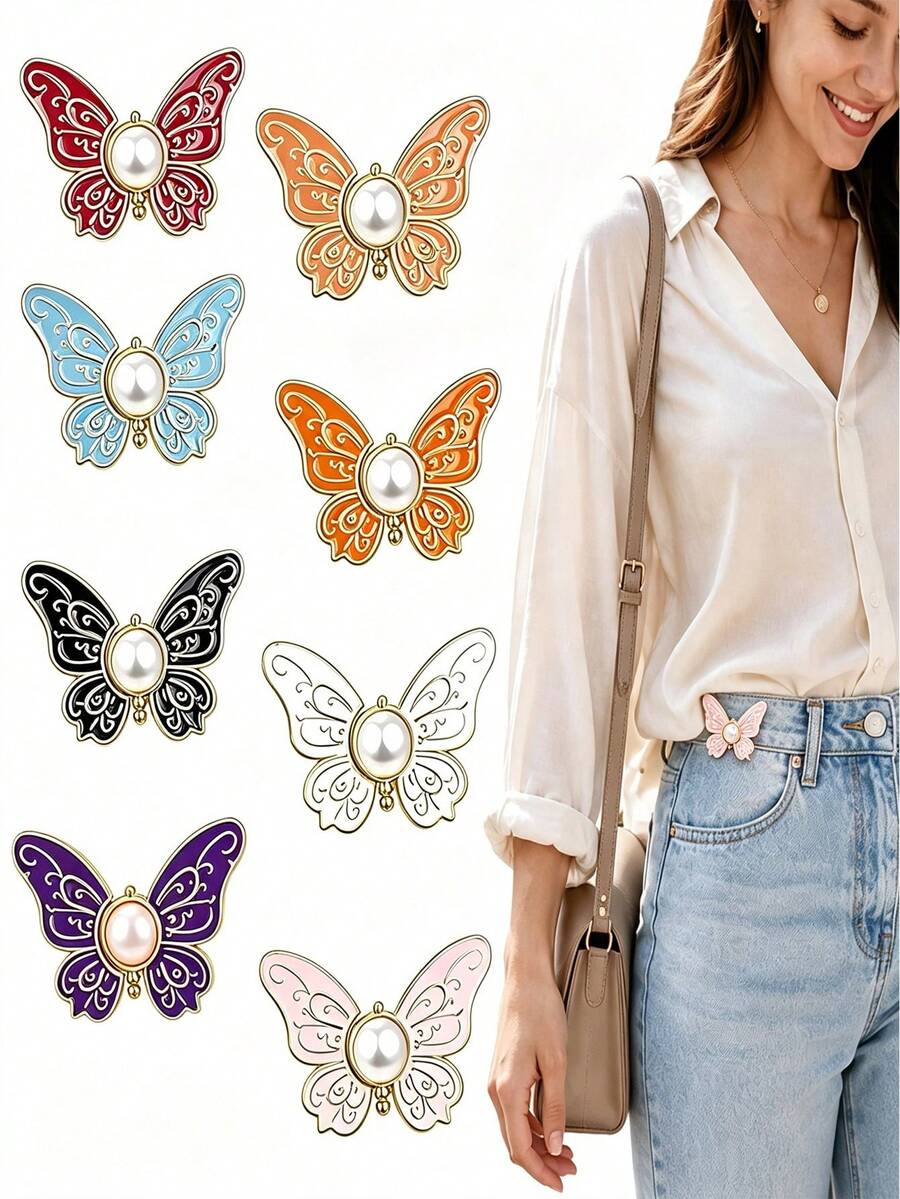 8/4/1pc Butterfly Waist Tightening Buckle, Pearl Butterfly Waist Button, Adjustable Jeans Button Pin, Detachable Metal Clip Buckle, Suitable For Pants, Skirts, Bags
