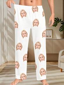 1pc Men's Customizable Single-Sided Graphic Print Black Soft Elastic Fabric Comfortable Casual Lounge Pants, Customized Photo Pajama Pants Gift For Boyfriend - White - View 2