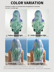 7JHH WIGS Hallowmas Green Purple & Blue Highlights Long Wave Curly Wigs For Women 26 Inch With Bangs, Synthetic Heat-Resistant Fiber Colorful Costume Wig For Cosplay Wear,Party Carnival Festivals Use - Multicolor - View 7