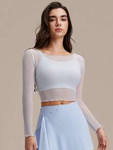Women's Pilates 2 Pieces Set, Refreshing Sexy Mesh Floral Trim Fitness Long Sleeve Top - Baby Blue - View 6