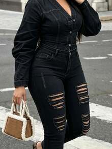 Women's Casual Skinny Ripped Jeans, Halloween, Back To School, Christmas, Autumn, Thanksgiving - Black - View 6