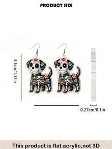 2D Flat Cute Skeleton Puppy Pendant Earrings, Gothic Floral Dog, Halloween Accessory, Mexican Day Of The Dead Earrings - Skeleton Puppy - View 4