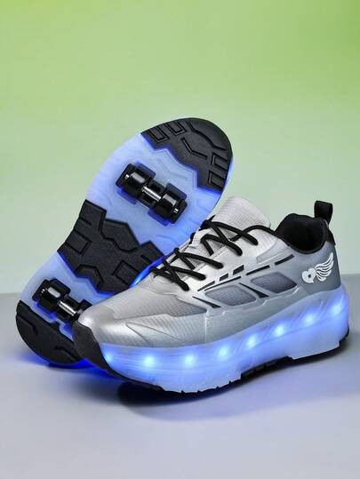Kids' All-Season LED Rechargeable Light-Up Roller Skate Shoes, 4-Wheel Detachable 2-In-1 Roller Shoes, Comfortable Walking Shoes With Switch, Roller Skating Shoes For Boys And Girls, Sports Shoes With Wheels