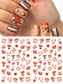 FULL BEAUTY 2/4pcs Autumn Red Maple Leaf & Fox Nail Stickers, Includes Floral, Pumpkin, Red Fox, Autumn Leaves, Colorful Lights Nail Decals, Autumn Nail Art Decoration DIY Thanksgiving Nail Supplies - Multicolor - View 6