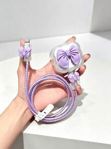 5pcs/Set Pink Bow Design 20W UK Plug Charger Protective Cover + Anti-Break Data Cable Sleeve Protector Compatible With IPhone 11/12/13/14/15/16 Pro Max/Plus - Multicolor - View 8