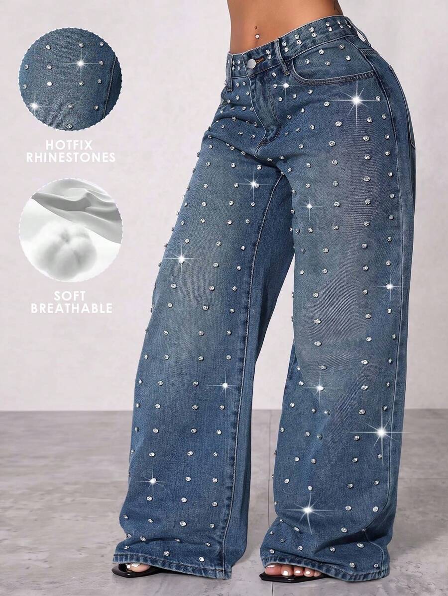 Custom Bead Low Waist Wide Leg Casual Blue Ripped Slanted Pocket Curved Women'S Jeans Fall Clothes - Blue Ambition - View 1