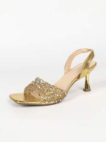Women's Elegant Gold Fine-Textured High Heel Sandals, Open Toe Square Toe Stiletto Heels, Sparkling Rhinestone Decor, Sexy For Summer Festivals, Evening Parties, Gatherings, Runway, Daily Wear And Outdoor Activities - Gold - View 7