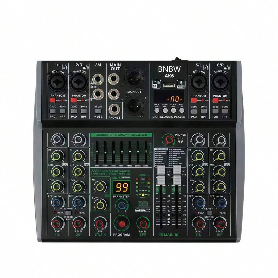 AK 6-Channel Professional Audio Mixer, 99 DSP, Bluetooth Connectivity For Mobile Phones, Built-In USB Interface, Computer Recording Capability, Compatible With 12V Car Power And 48V Phantom Power. Ideal For Live Broadcasts, Small Concerts, Etc.