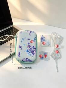 6pcs Fresh Floral Pattern Data Cable Protection Storage Bag Set, Charger Data Cable Protective Sleeve Tangle-Free Cord Transparent Printed Hard Shell Anti-Pressure Portable Earphone Data Cable Storage Bag, Girly Pastoral Floral Highly Attractive Digital Accessories Organizer Storage Full Set - Multicolor - View 7