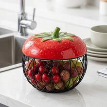 ZSLuckyHome 1pc Cute Strawberry And Apple Shaped Ceramic Top Wire Basket, Decorative Kitchen Countertop Fruit And Egg Storage Rack, Multi-Purpose Coffee Capsule, Vegetable, Snack Storage Box, Farmhouse Style Kitchen Decor, Unique Housewarming Gift - View 16