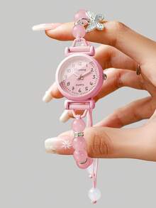 Women's Adjustable Cord Beaded Watch With Butterfly Pendant, Small Digital Dial, Versatile Niche Quartz Wristwatch, Gift For Girlfriend (1pc/Set) Watch Box Not Included - Pink - View 3