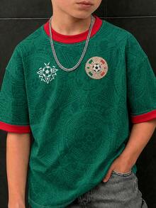 1 Stück Jungen American Football Trikot Kurzarm T-Shirt, mexikanischer Stil All-Over-Muster Totem-Emblem Kontrast Rot Saum Sport-Top, atmungsaktiv schnelltrocknend Fan T-Shirt, Streetwear Cool Style Lässig Outdoor Sport Kinderbekleidung - Grün - Übersicht 3