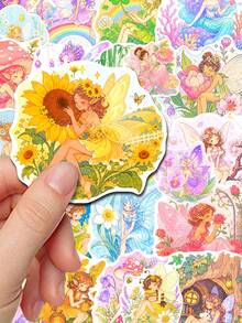 50Pcs Cute Fantasy Fairy Scrapbook Stickers, Watercolor Magical Flower Fairy Rainbow Star Waterproof Decals For Notebook Planner Craft - Multicolor - View 4
